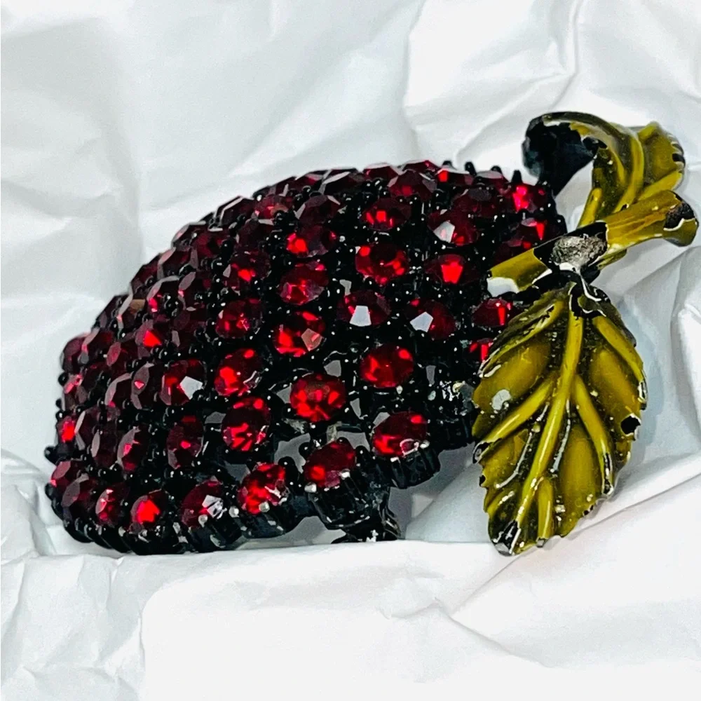 Weiss Red Rhinestone Apple Brooch Pin, Japanned Black Setting, Enamel Leaves